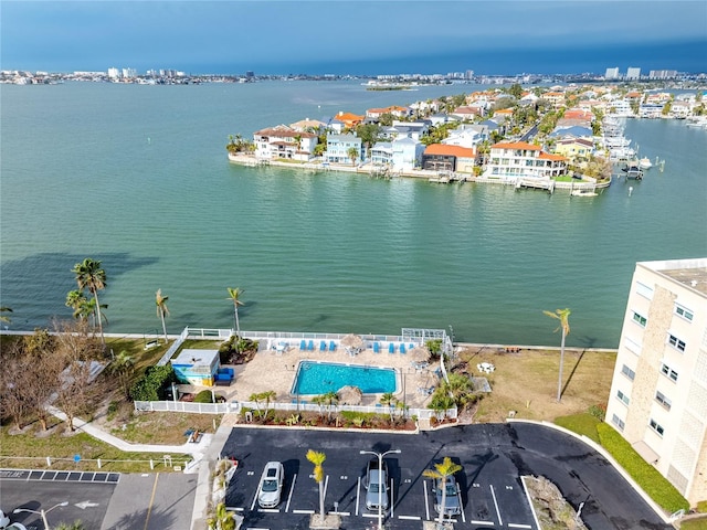 birds eye view of property featuring a water view