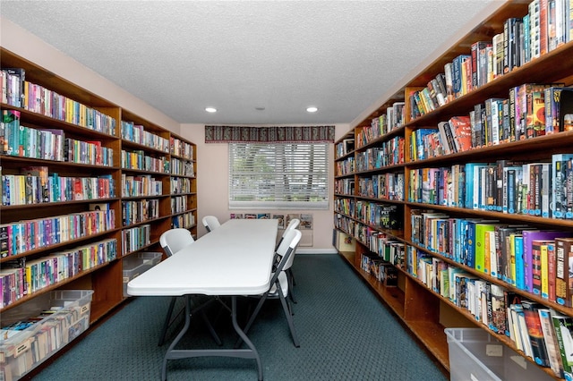 office with a textured ceiling and carpet flooring