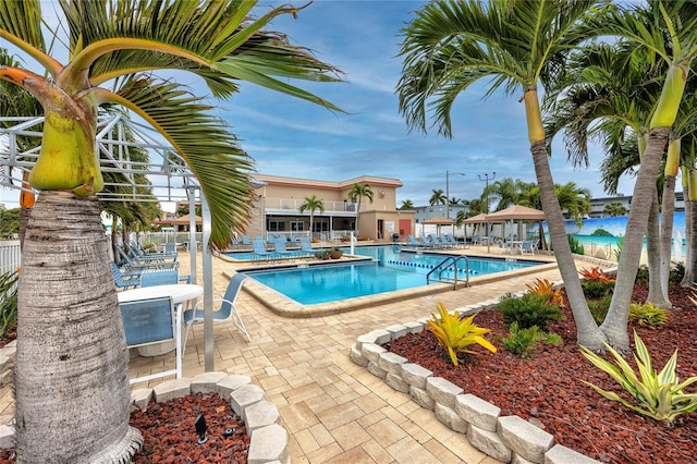 view of swimming pool featuring a patio