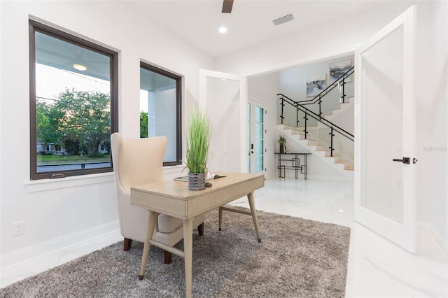 716 S Lois Ave, Tampa, FL 33609 - office space featuring baseboards, marble finish flooring, a ceiling fan, french doors, and recessed lighting