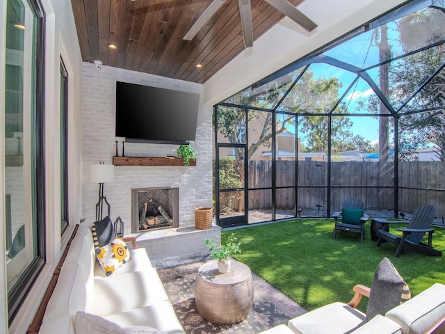 exterior space with an outdoor brick fireplace