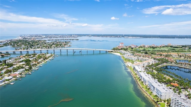 bird's eye view with a water view