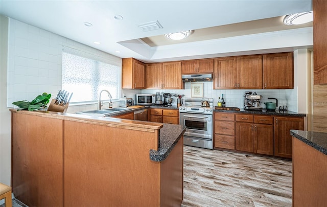 kitchen featuring kitchen peninsula, light hardwood / wood-style flooring, backsplash, appliances with stainless steel finishes, and sink