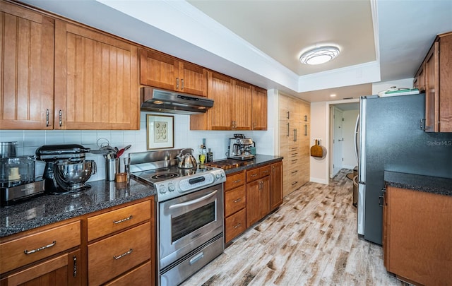 kitchen featuring light wood-type flooring, a tray ceiling, backsplash, appliances with stainless steel finishes, and dark stone countertops