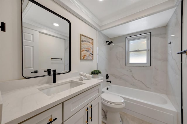 full bathroom featuring toilet, tiled shower / bath combo, and vanity