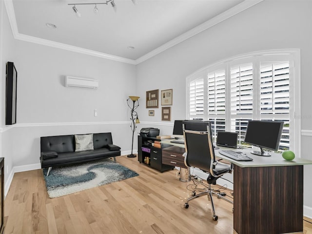 office area featuring light hardwood / wood-style flooring, an AC wall unit, and ornamental molding