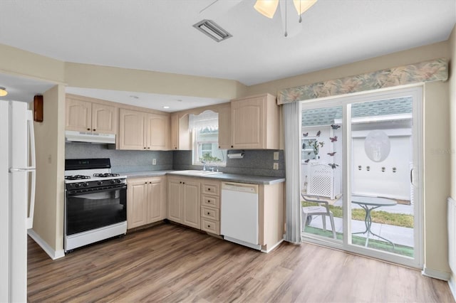 kitchen with hardwood / wood-style floors, sink, backsplash, and white appliances