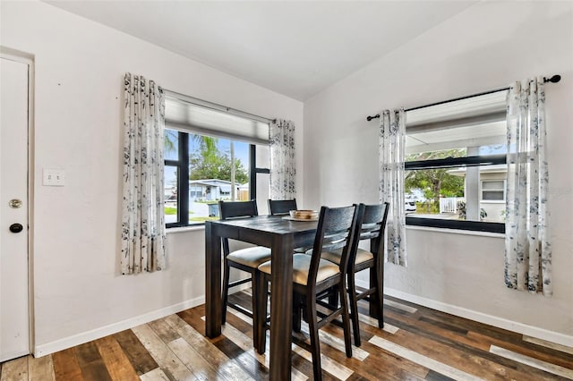 dining space with dark hardwood / wood-style flooring