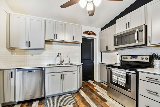 kitchen with backsplash, appliances with stainless steel finishes, dark hardwood / wood-style floors, and sink