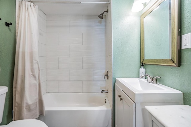 full bathroom with toilet, shower / bathtub combination with curtain, and vanity