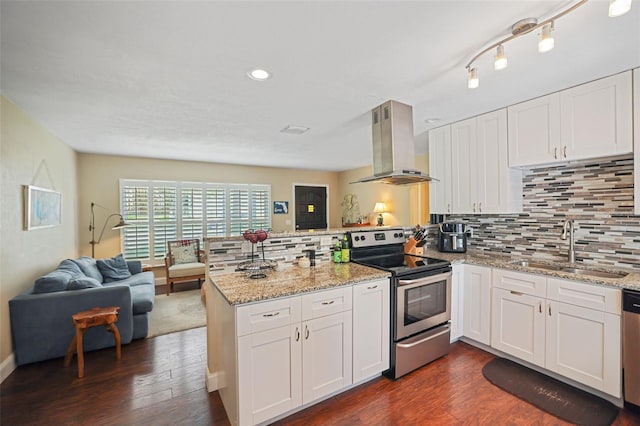 kitchen with island range hood, stainless steel appliances, kitchen peninsula, sink, and white cabinetry