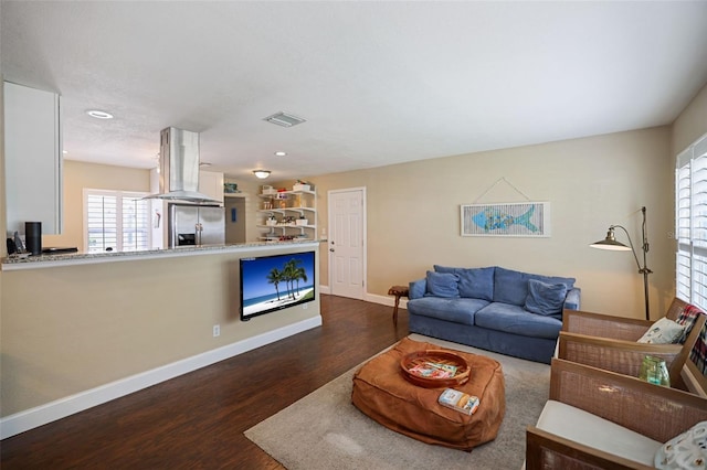 living room featuring dark wood-type flooring