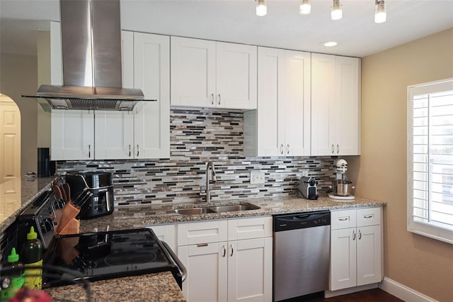 kitchen with white cabinets, island exhaust hood, stainless steel dishwasher, and sink