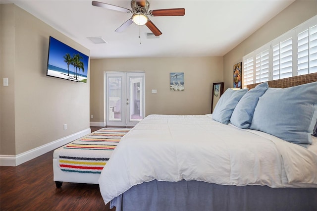 bedroom with french doors, dark hardwood / wood-style flooring, and ceiling fan