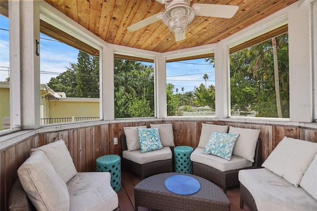 sunroom / solarium with ceiling fan, wooden ceiling, and plenty of natural light