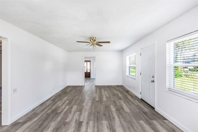 entrance foyer featuring ceiling fan, a wealth of natural light, and dark hardwood / wood-style floors