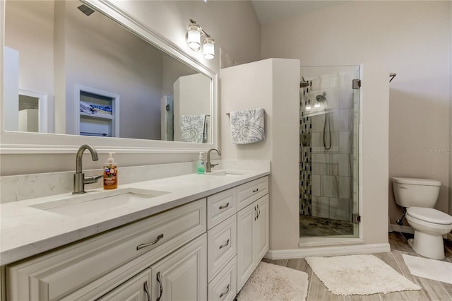 bathroom featuring toilet, a shower with shower door, and vanity