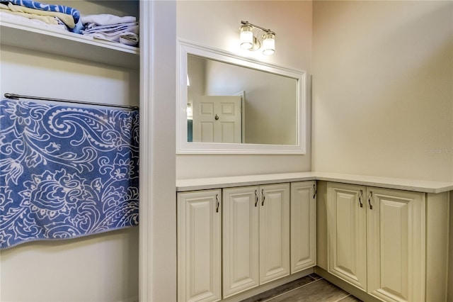 bathroom with hardwood / wood-style flooring