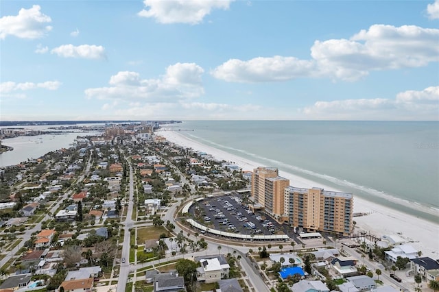 aerial view featuring a water view and a beach view