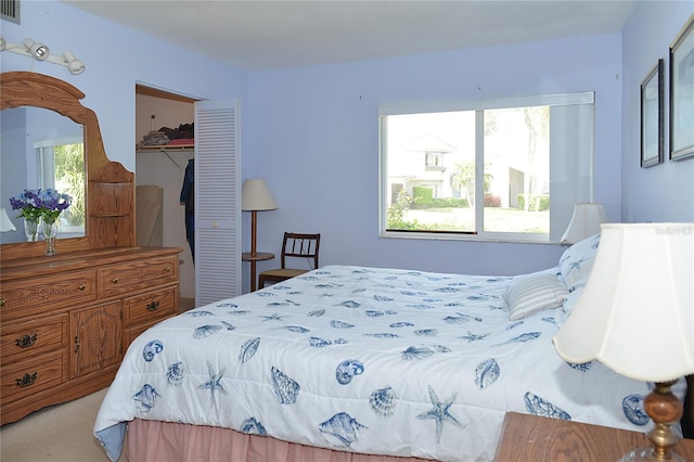 bedroom featuring carpet and a closet