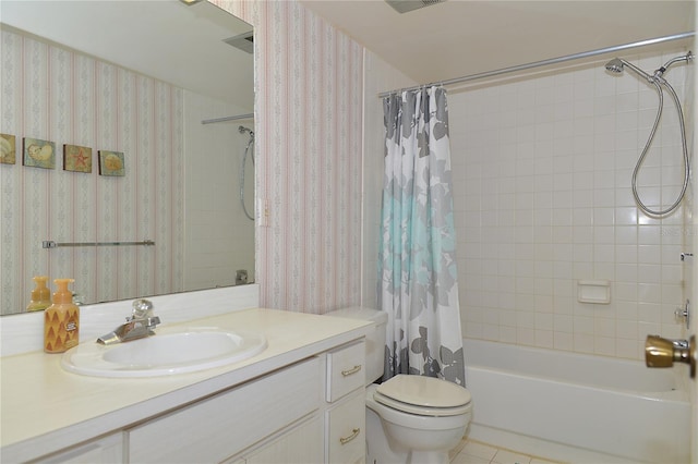 full bathroom with toilet, shower / bath combination with curtain, tile patterned floors, and vanity