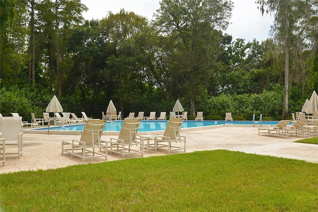 view of pool with a yard and a patio