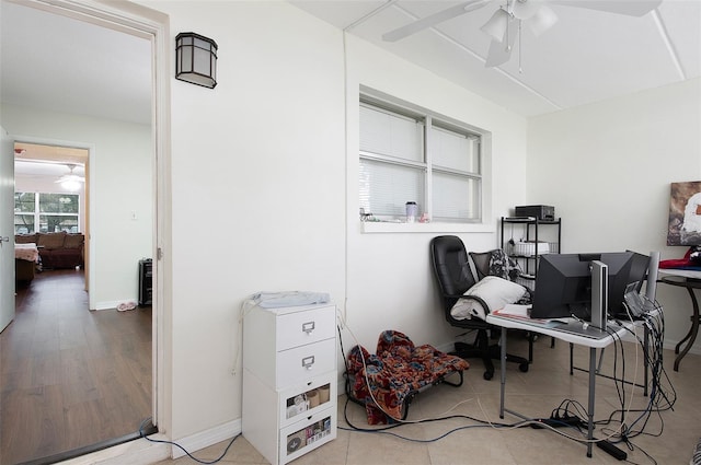 office area featuring hardwood / wood-style floors and ceiling fan