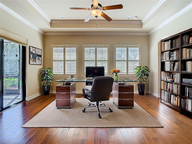 home office featuring hardwood / wood-style floors, plenty of natural light, and a raised ceiling