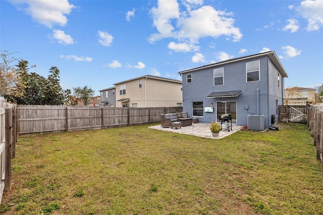 back of house with a lawn, central AC unit, an outdoor living space, and a patio area