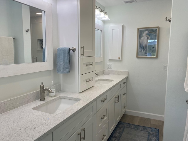 bathroom with vanity and hardwood / wood-style flooring