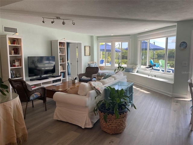 living room with a textured ceiling, rail lighting, a mountain view, and hardwood / wood-style flooring