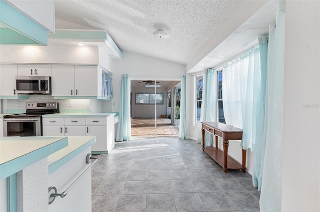 kitchen with lofted ceiling, appliances with stainless steel finishes, plenty of natural light, tasteful backsplash, and white cabinets