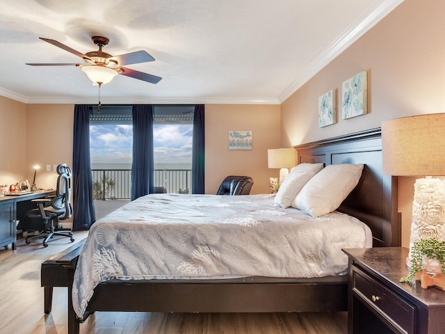 bedroom with light wood-type flooring, ceiling fan, crown molding, and access to outside