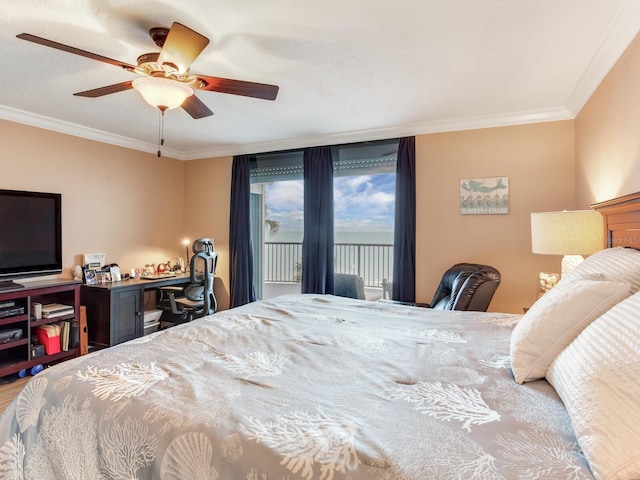 bedroom featuring ceiling fan, access to exterior, and crown molding