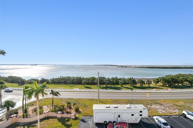 drone / aerial view with a water view