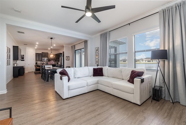 living room featuring ceiling fan, crown molding, and light hardwood / wood-style floors