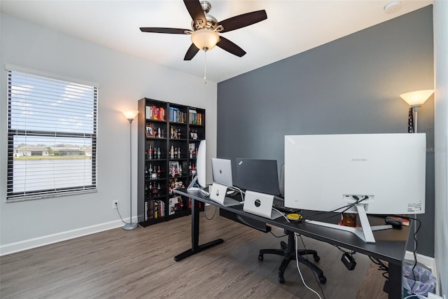 office area featuring ceiling fan and hardwood / wood-style floors