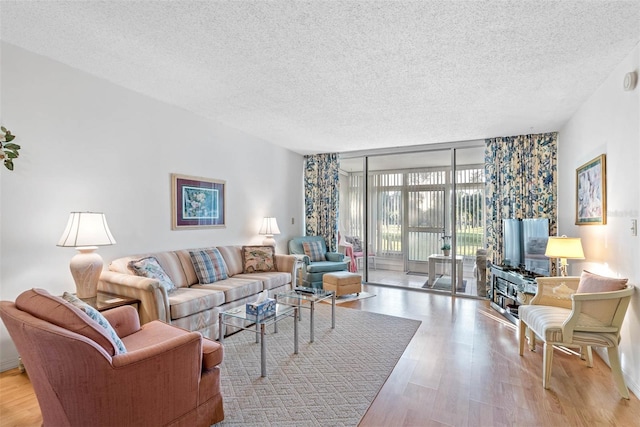 living room featuring a textured ceiling, light hardwood / wood-style flooring, and expansive windows