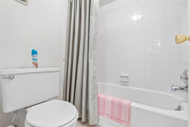 bathroom with toilet and shower / bathtub combination with curtain