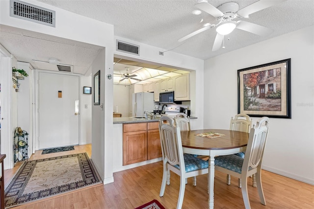 dining room featuring light wood-type flooring, ceiling fan, a textured ceiling, and sink