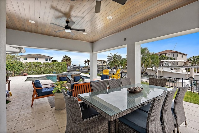 view of patio with a fenced in pool and ceiling fan