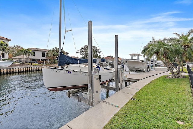 dock area featuring a water view and a yard