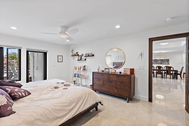 bedroom featuring ceiling fan and light tile patterned flooring