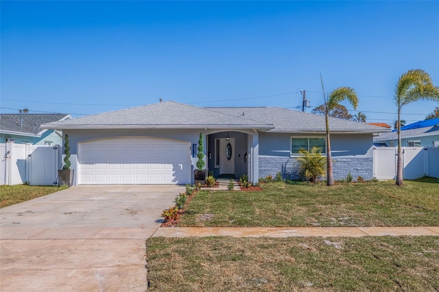 ranch-style house with a front yard and a garage