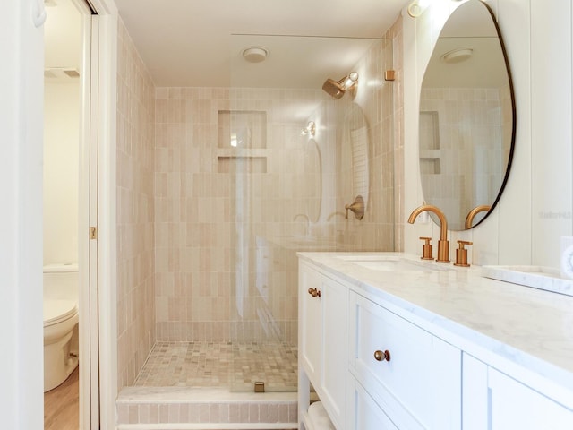 bathroom featuring a shower, vanity, and toilet