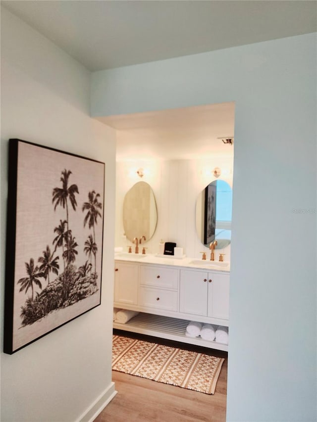 bathroom with vanity and wood-type flooring