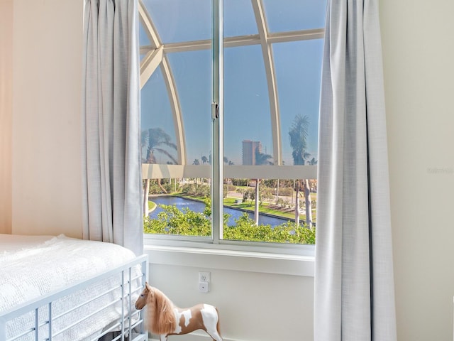 bedroom featuring a water view