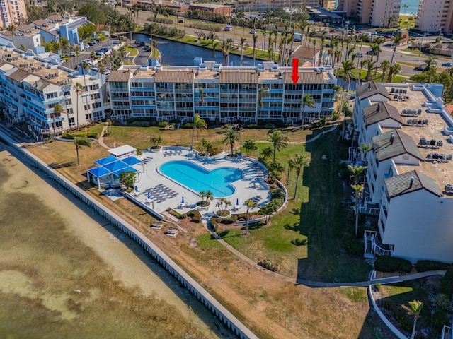 bird's eye view with a water view