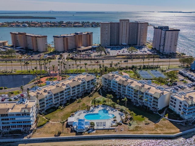 bird's eye view with a water view