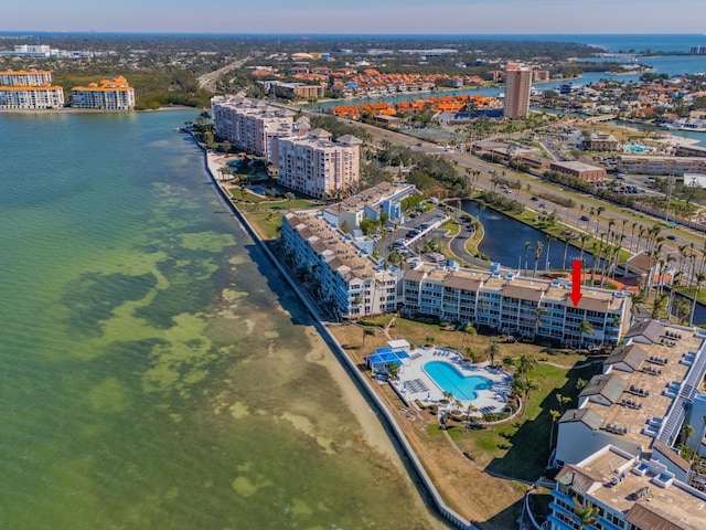 drone / aerial view with a water view